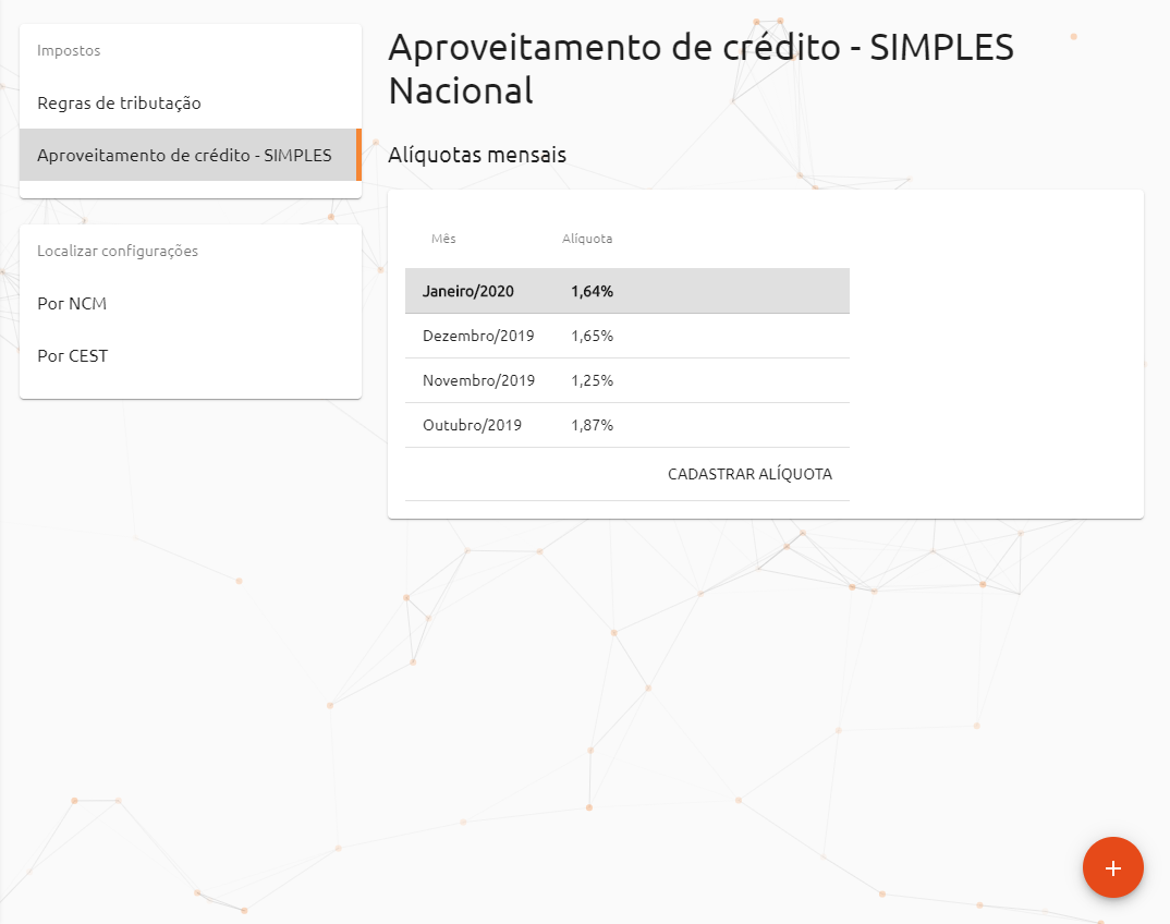 Configuração de alíquotas de aproveitamento de crédito do SIMPLES