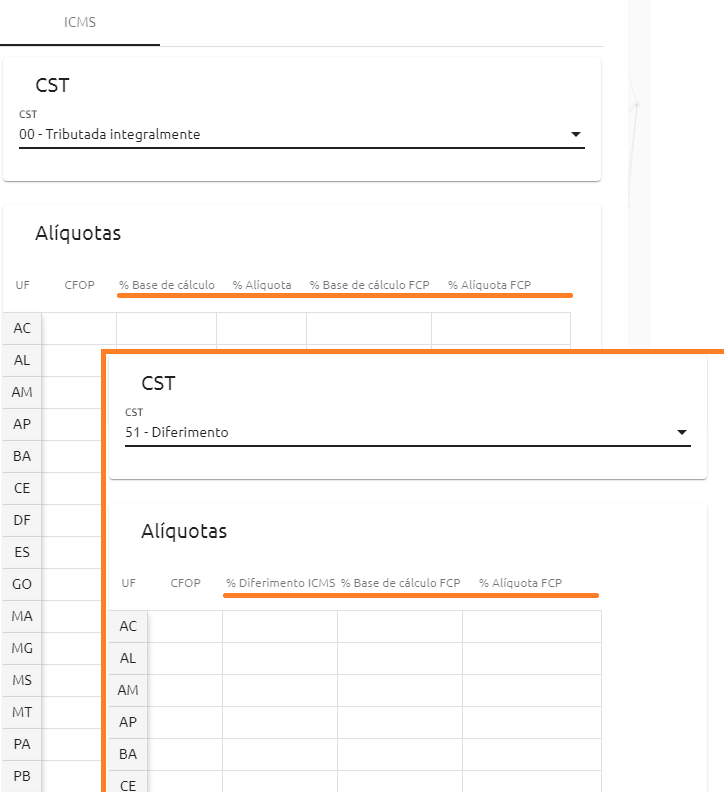 Campos para configuração do ICMS