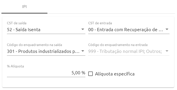 Campos para configuração do IPI