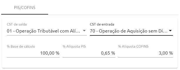 Campos para configuração de PIS e COFINS