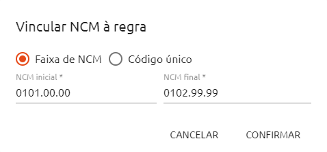 Adicionar vínculo por NCM