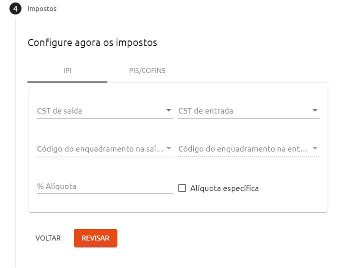 Passo onde você configura os impostos