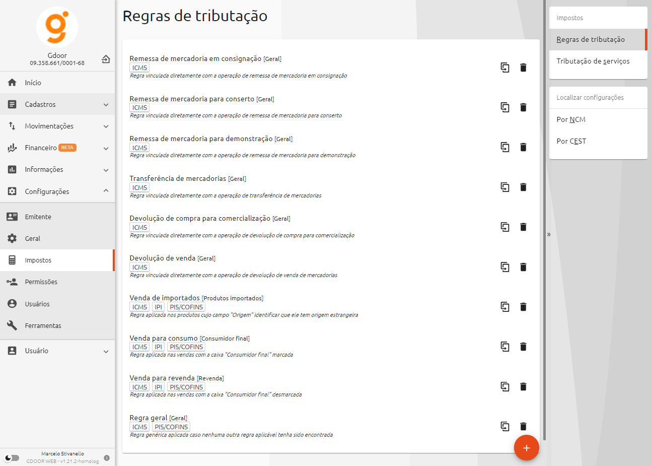 Acessar configurações de impostos