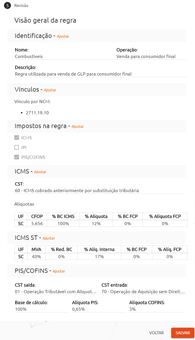 Revisão da configuração da regra