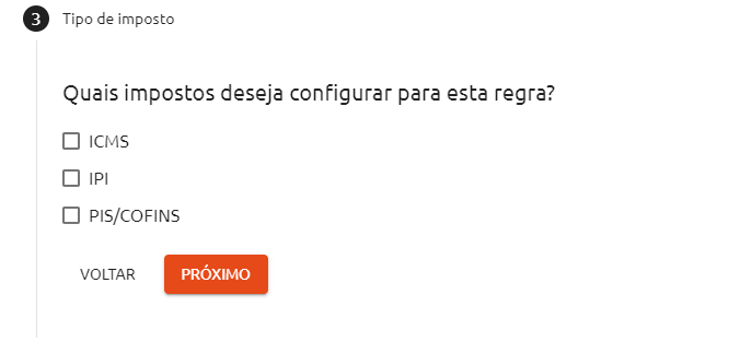 Tipo de impostos a serem configurados nesta regra