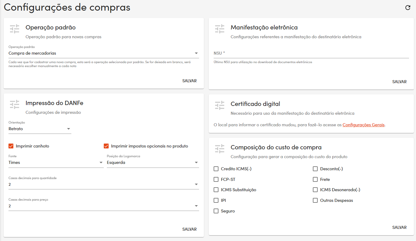 configurações de compras