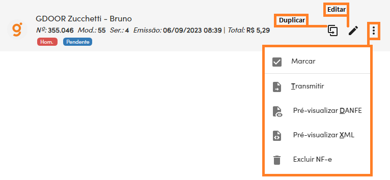 Opções da nota fiscal pendente