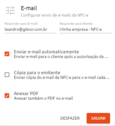 Configurar opções de e-mail da NFC-e