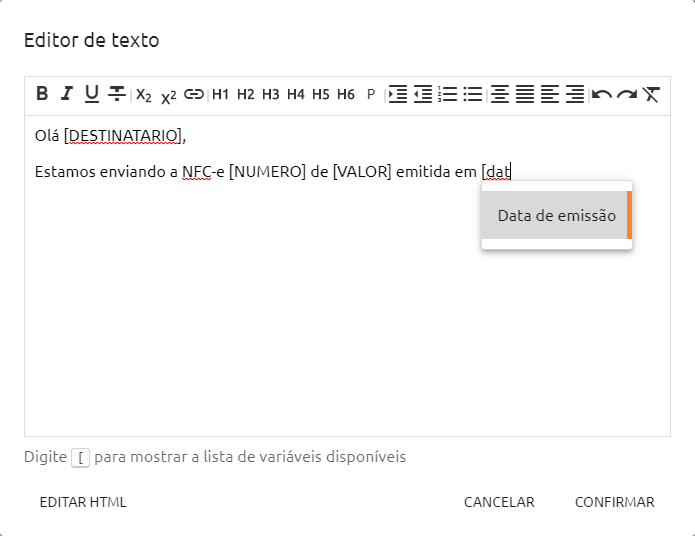 Utilizando variáveis ao configurar o conteúdo do e-mail da NFC-e