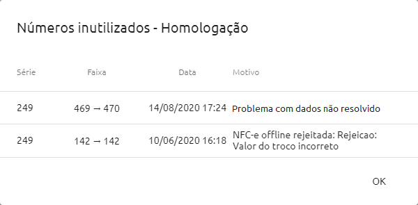 Lista de numerações inutilizadas