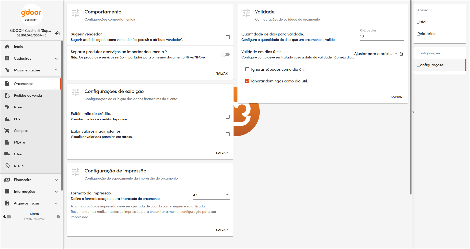 Configurações Orçamento
