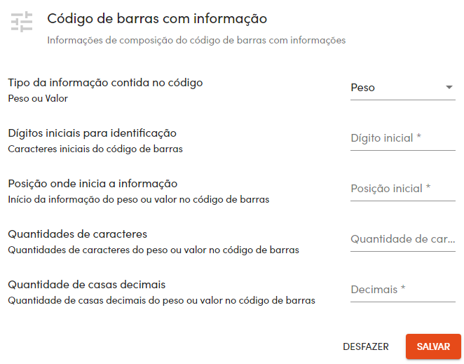 Configuração dos códigos de barras