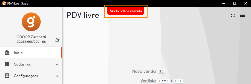 Mensagem do modo offline