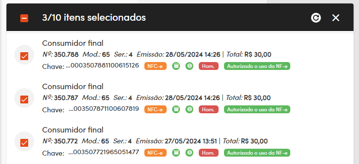 Seleção múltipla de NFC-e autorizado o uso