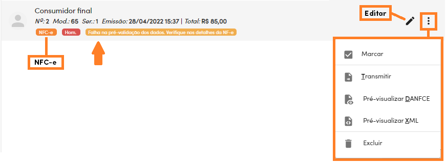 NFC-e com falha na pré-validação dos dados