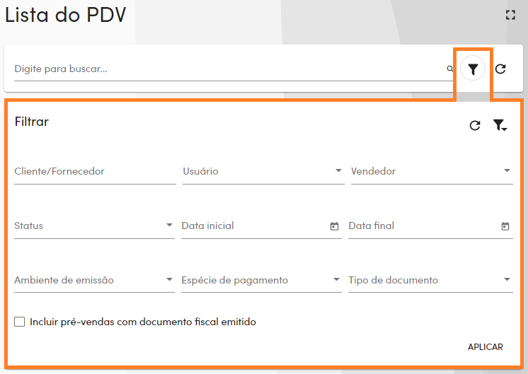 Filtro na lista do PDV