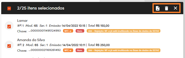 Seleção múltipla de NFC-e autorizado rejeitada