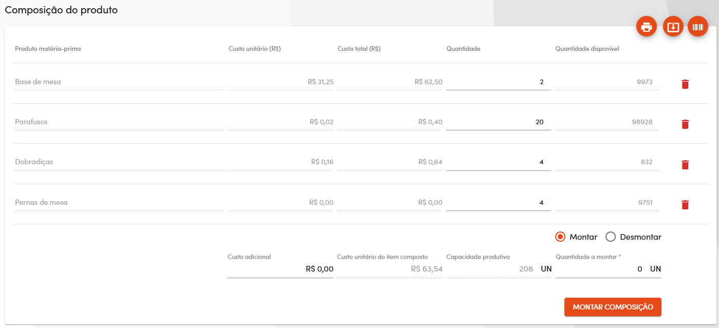 Composição de uma mesa