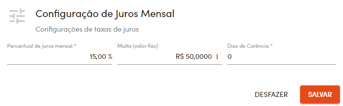 Configurações de juros mensal