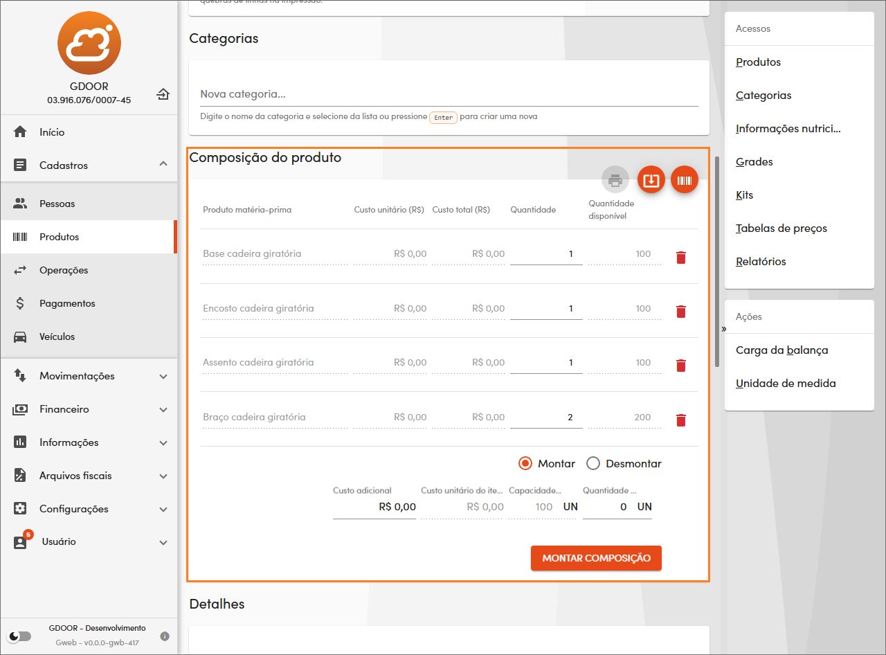 Formulário da composição do produto