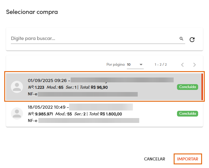 Botão para importar nota de compra