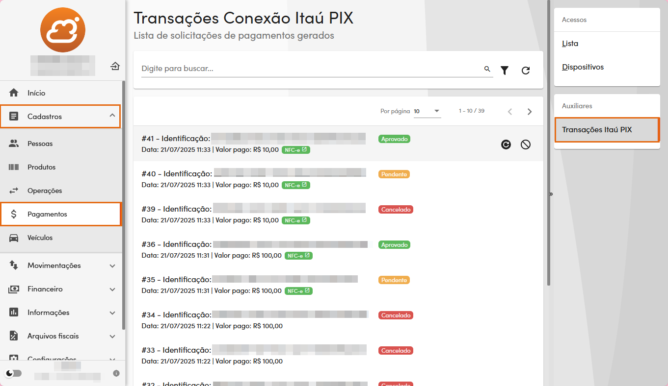 Transações realizadas