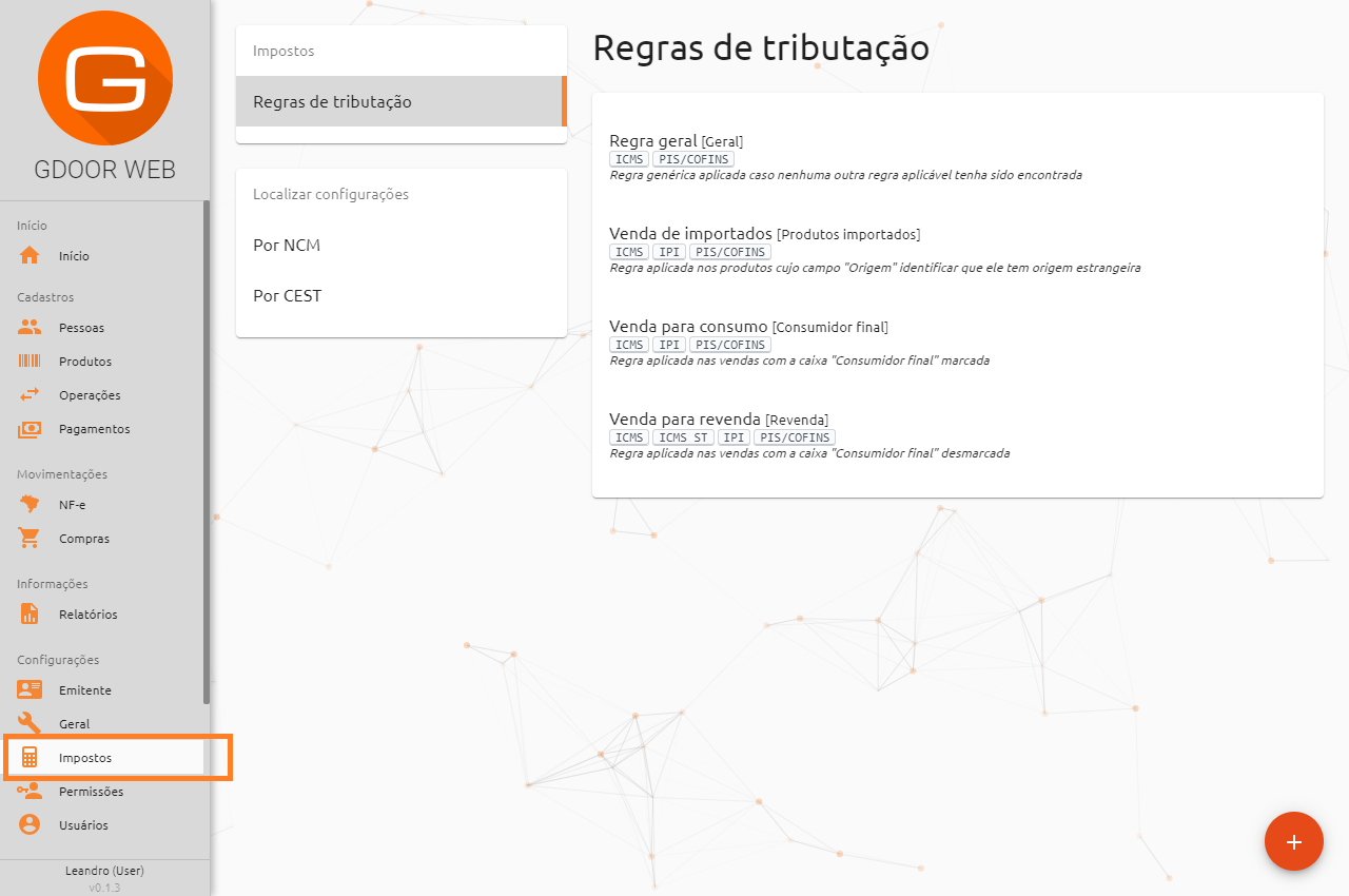 Acesso ao módulo de configuração impostos