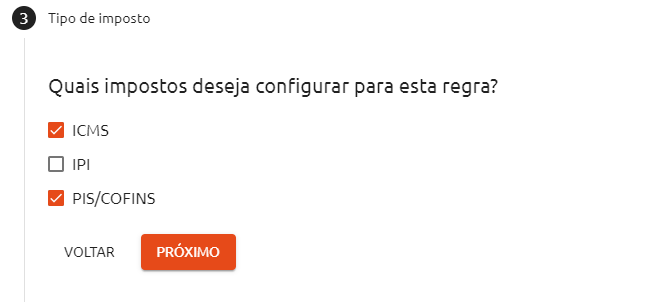 Escolha o tipo de impostos para configurar