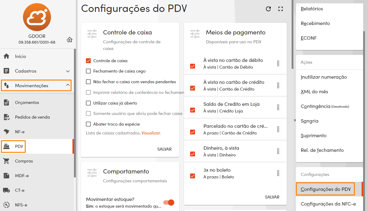 Menu de configurações do PDV