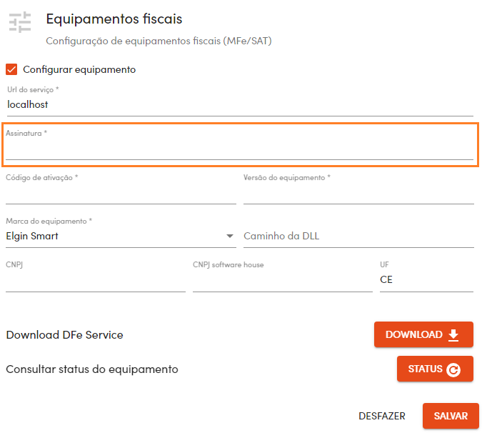 Configurações dos equipamentos fiscais