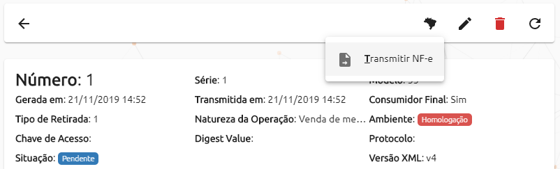 Menu da NF-e - Transmitir