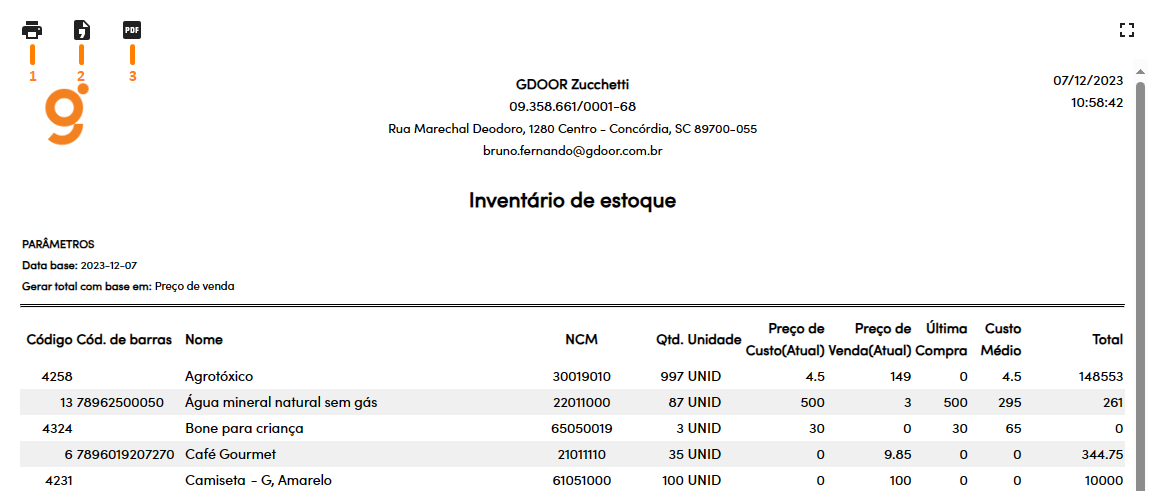 Opções do inventário impresso