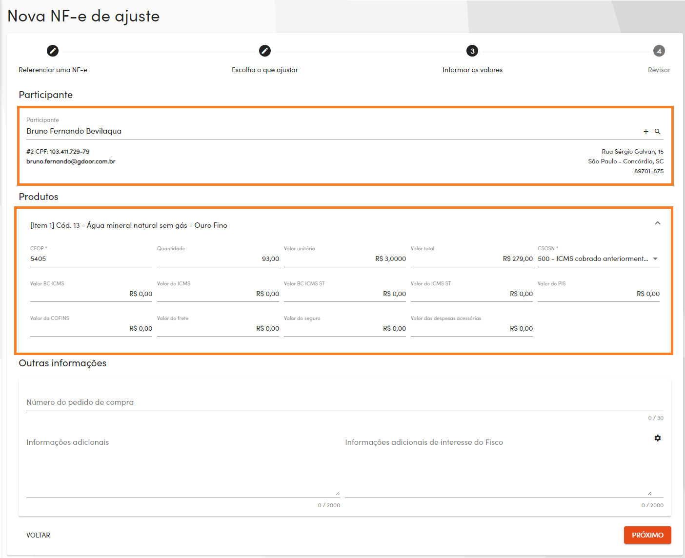 Informar participante e valores do ajuste