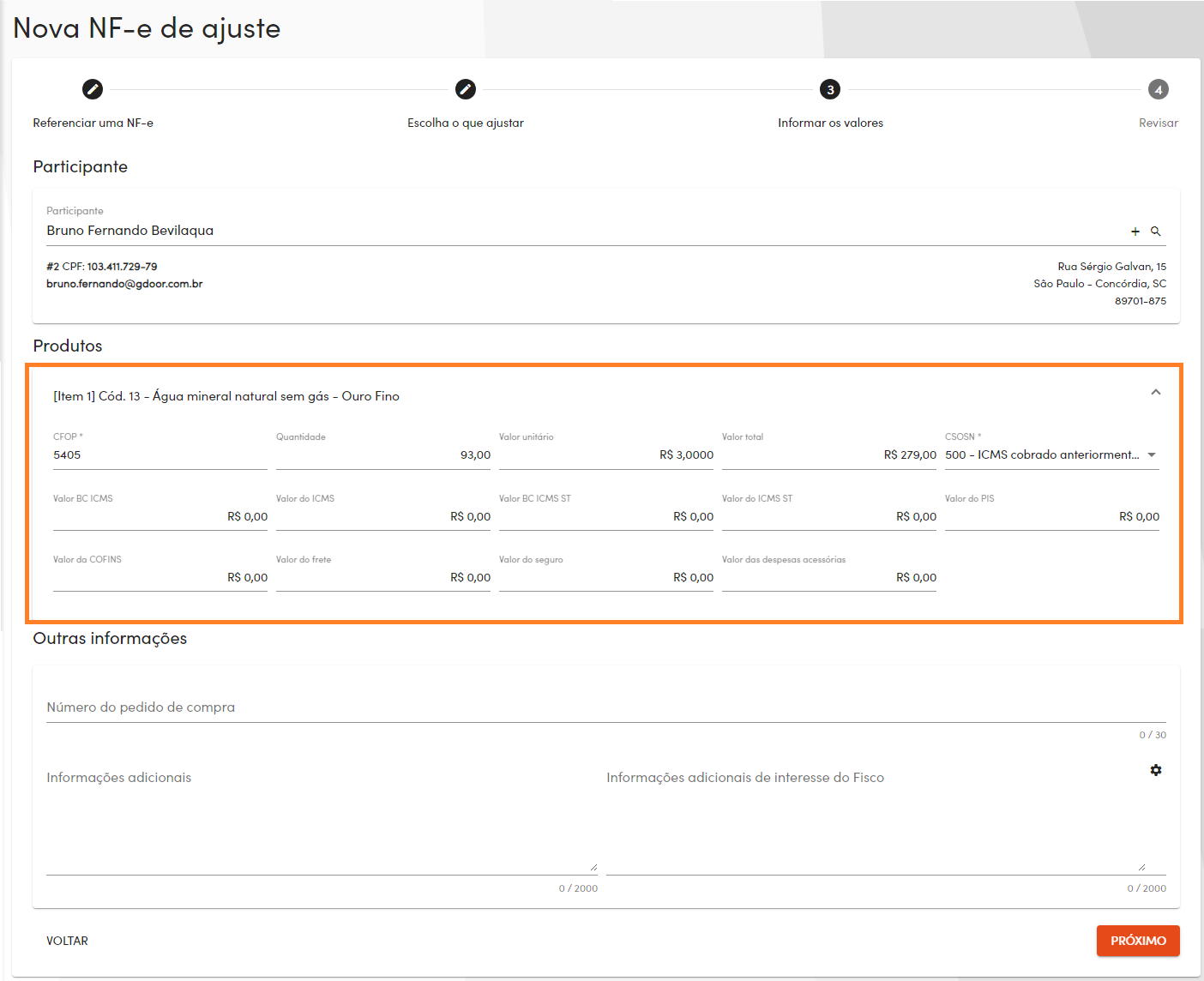 Informar dados de ajuste