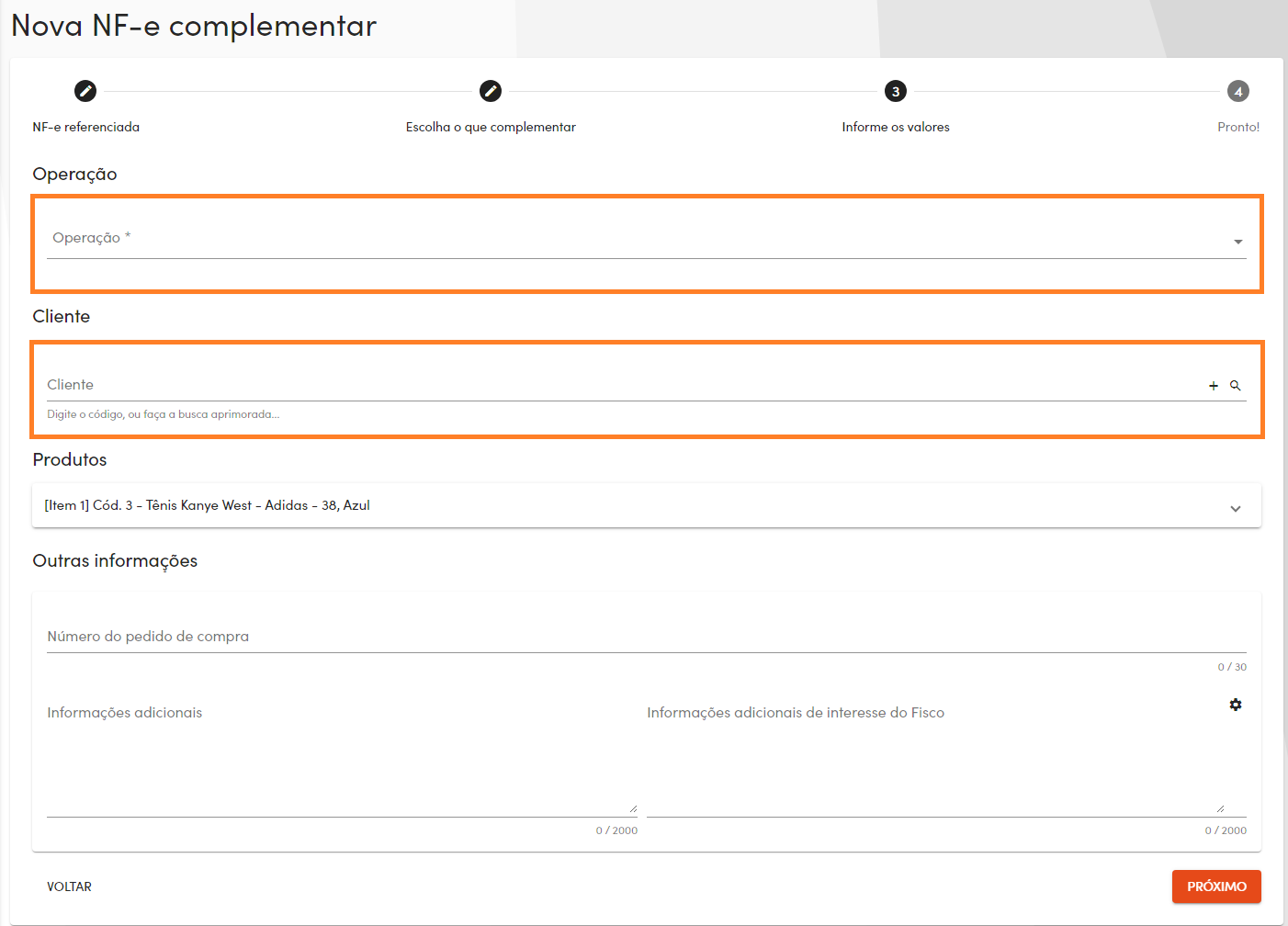 Adicionar cliente e operação