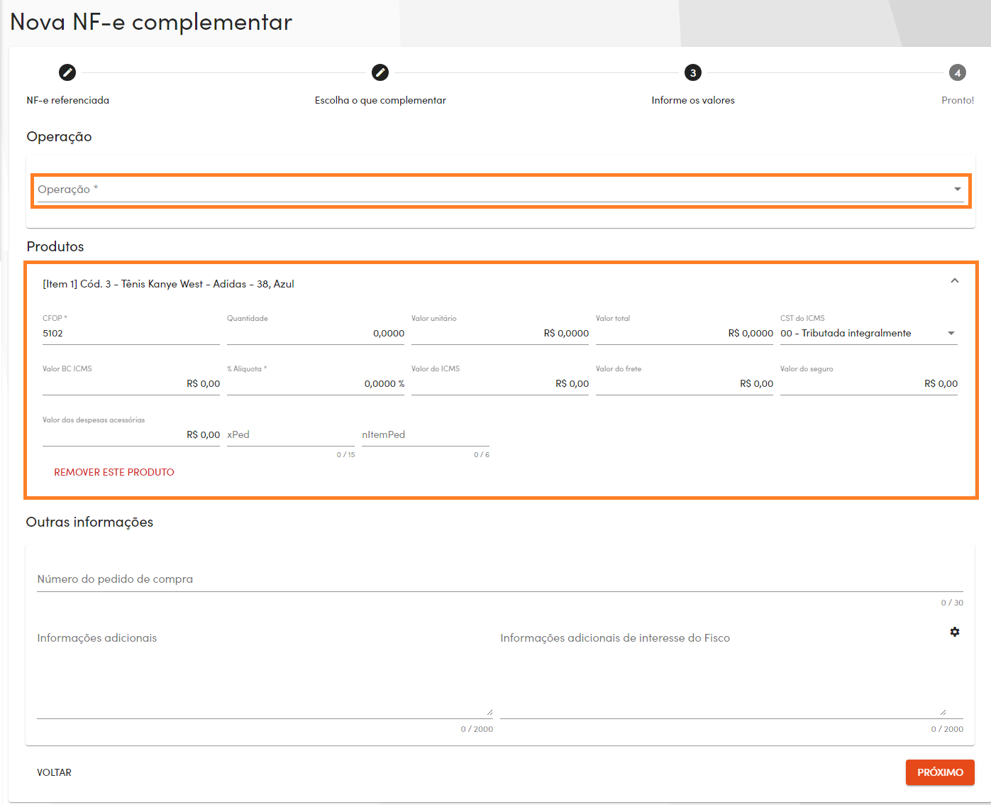 Passo 3 - Operação e valores a serem complementados