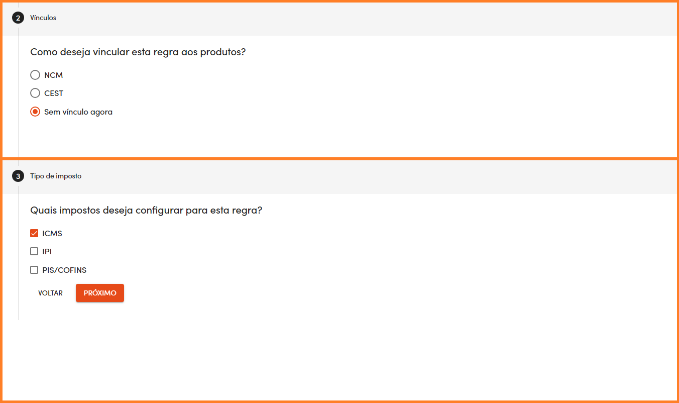 Abas de vínculo e tipo de imposto