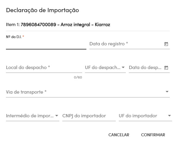 Formulário da declaração de importação