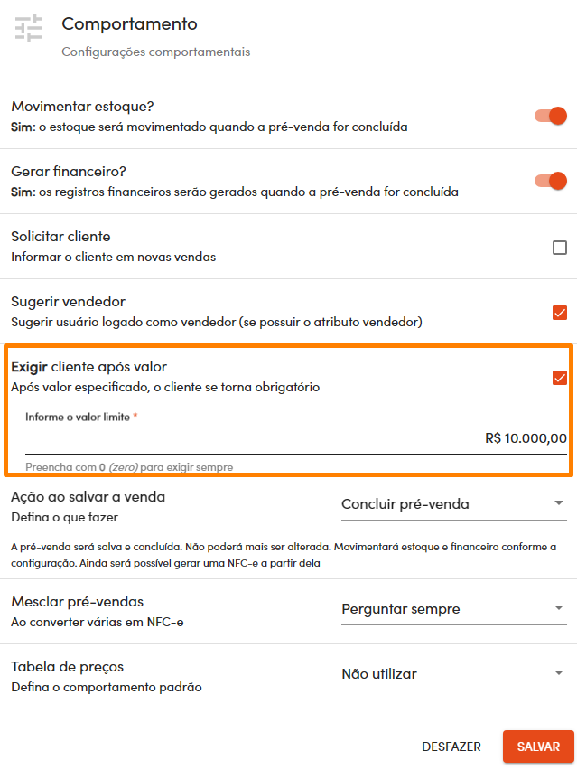 Informar valor para exigir cliente