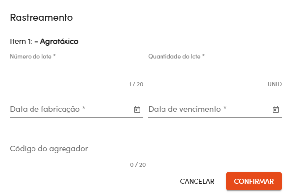 Formulário para informar rastreabilidade do lote