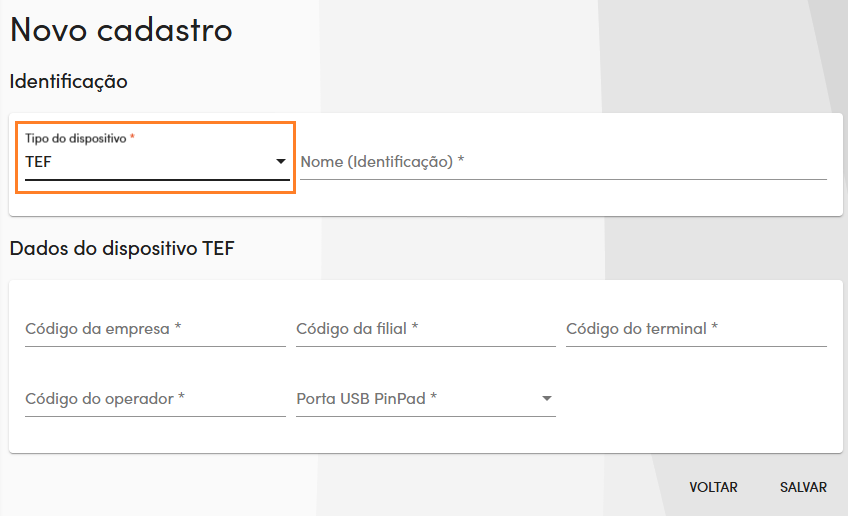 Formulário de dispositivos TEF