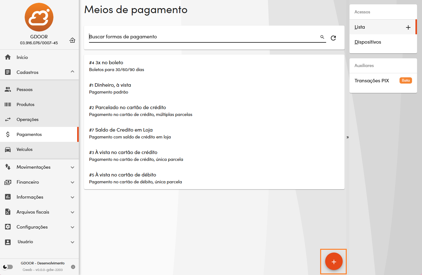 Cadastro de formas de pagamento