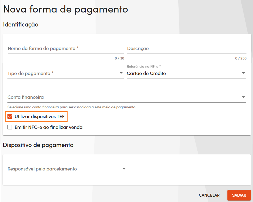 Cadastro da forma de pagamento TEF