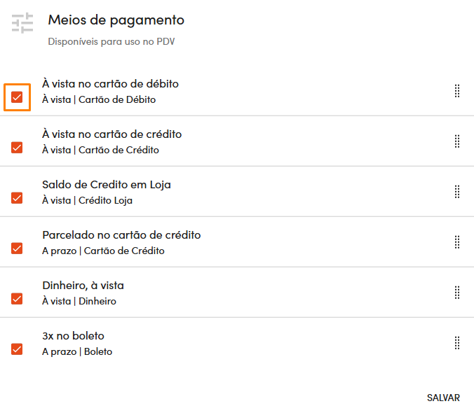Formas de pagamento no PDV
