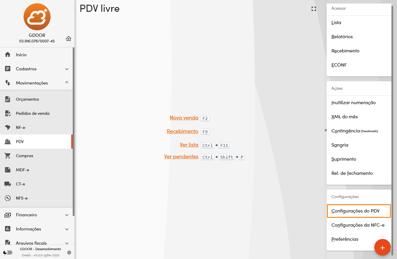 Configurações do PDV